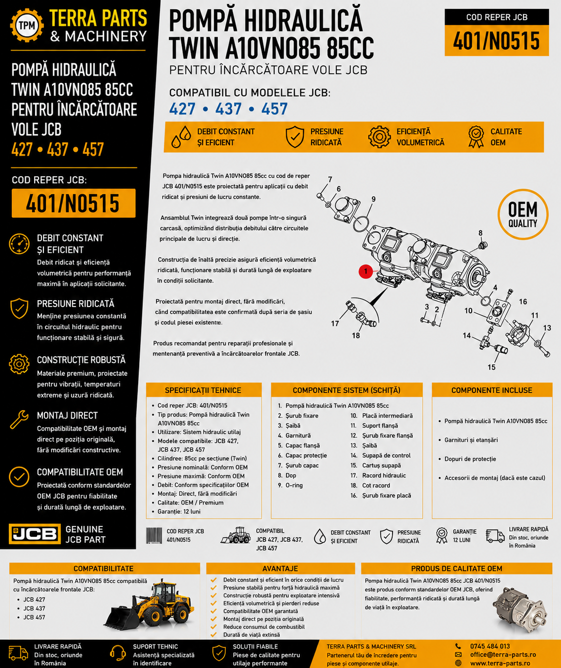 Pompă hidraulică Twin A10VNO85 85cc JCB 401/N0515 pentru încărcătoare frontale.