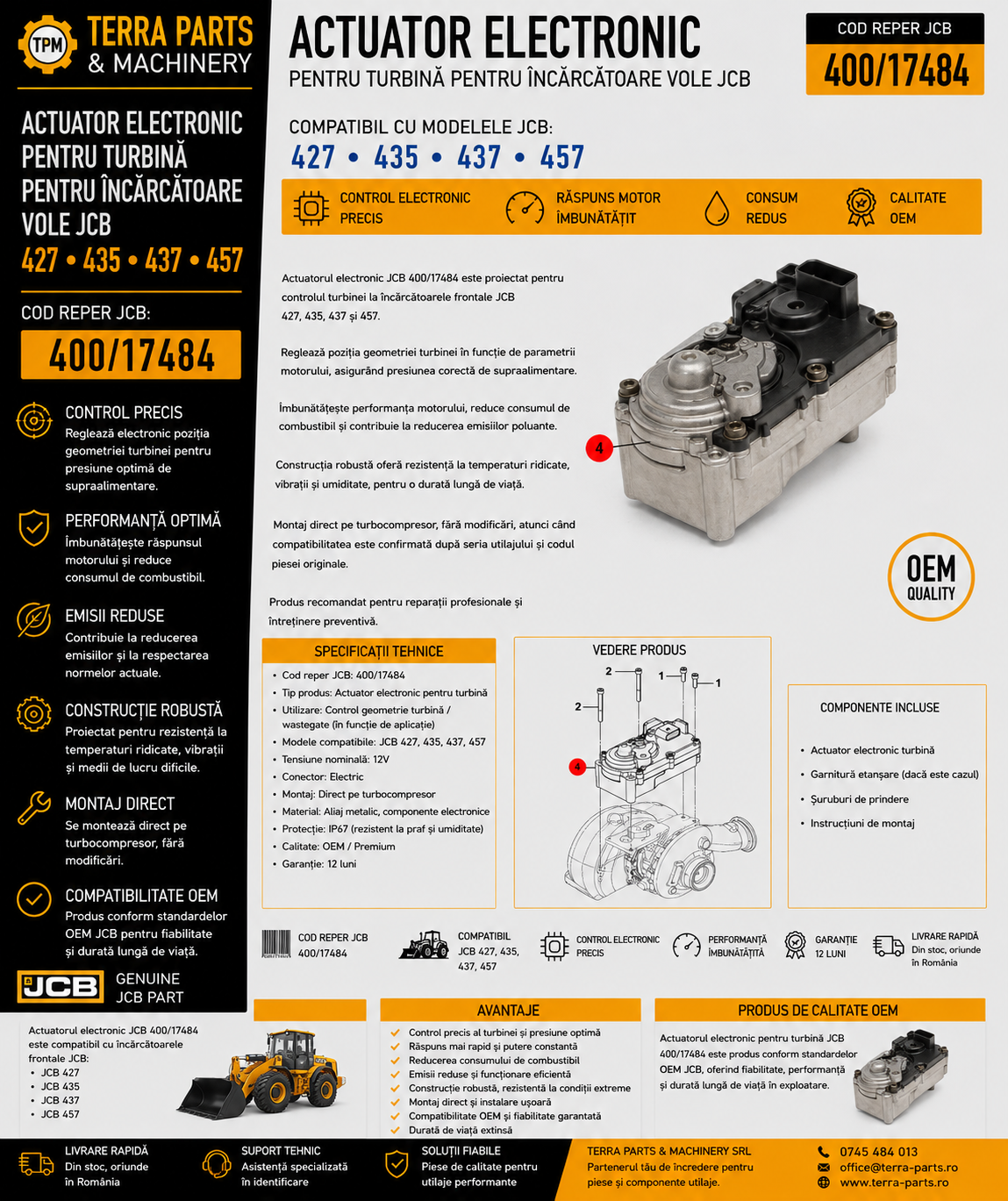 Actuator electronic turbină JCB 400/17484 pentru încărcătoare frontale JCB.