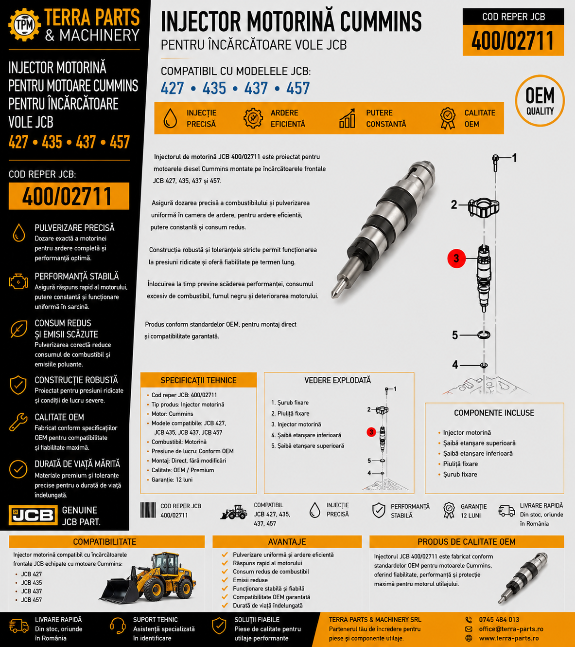 Injector motorină Cummins JCB 400/02711 pentru încărcătoare frontale.