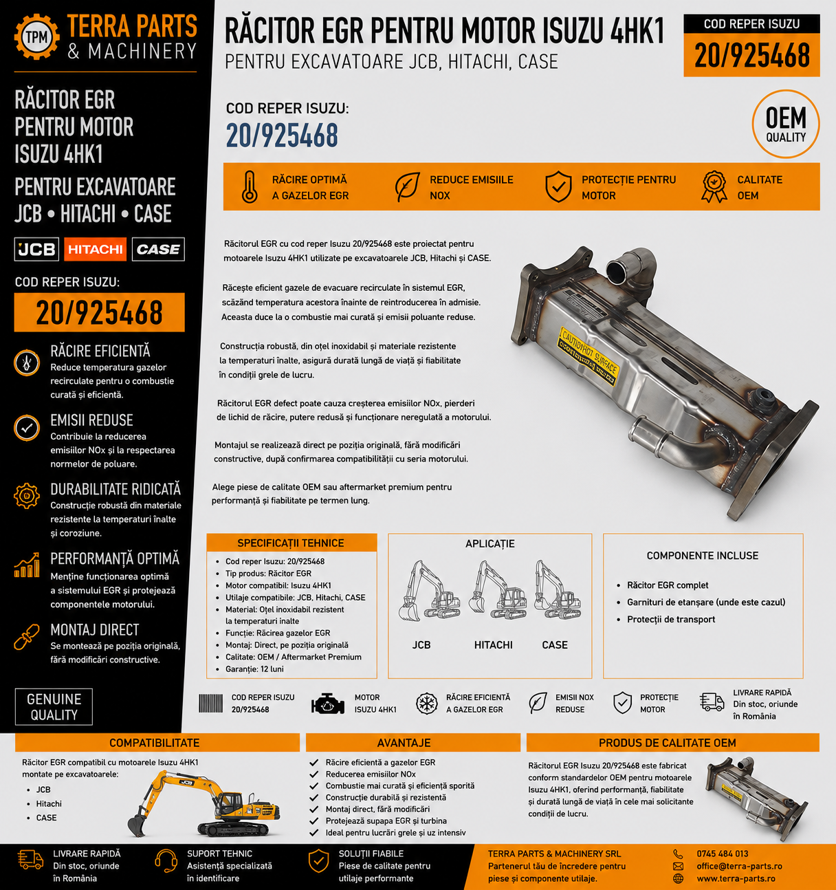 Răcitor EGR Isuzu 4HK1 cod 20/925468 pentru excavatoare JCB, Hitachi și CASE.