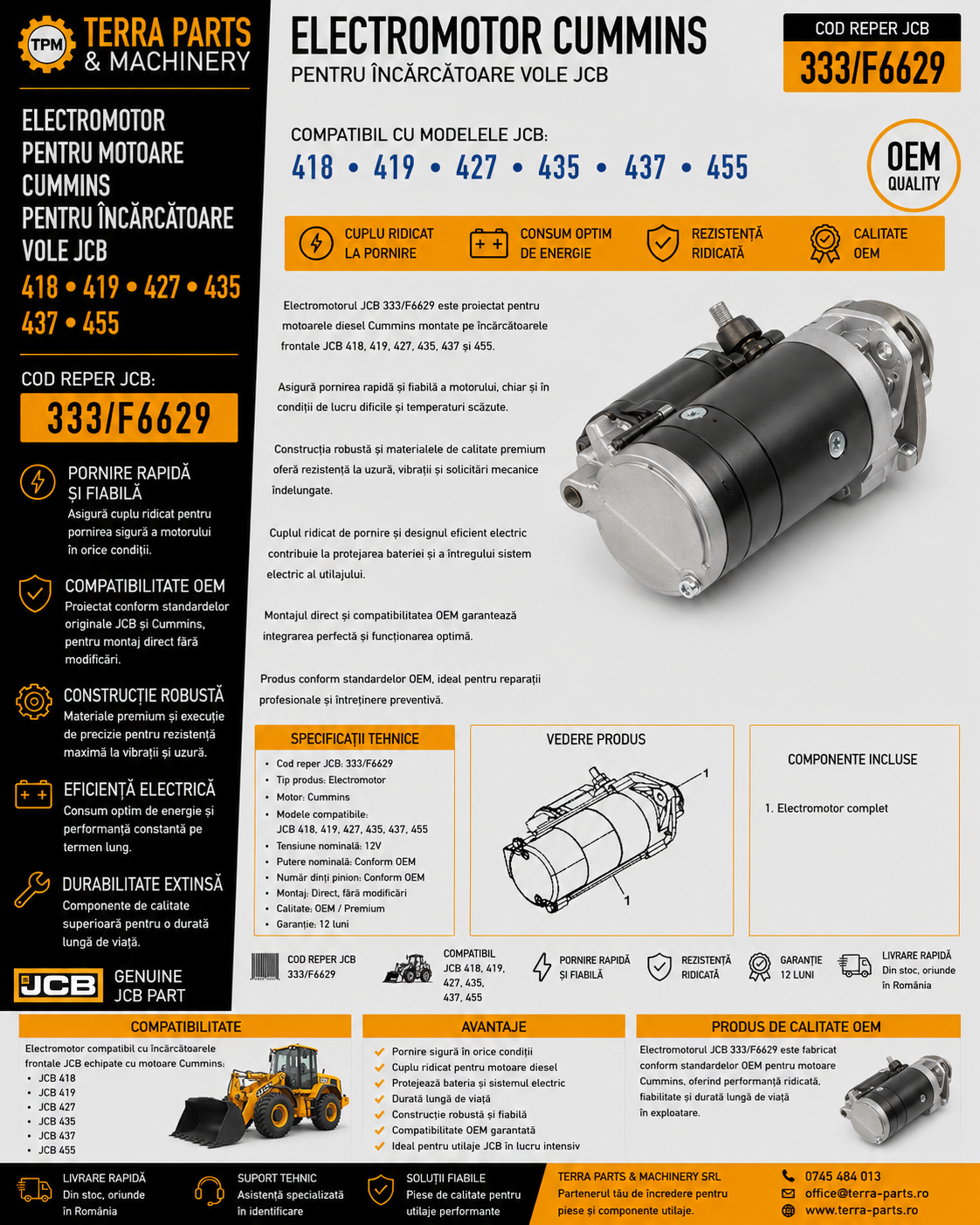 Electromotor JCB 333/F6629 pentru motoare Cummins montate pe încărcătoare frontale.