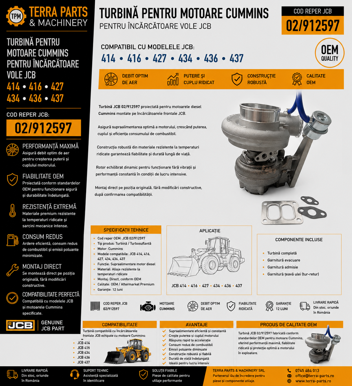 Turbină JCB 02/912597 pentru motoare Cummins compatibilă cu încărcătoarele JCB 414, 416, 427, 434, 436 și 437