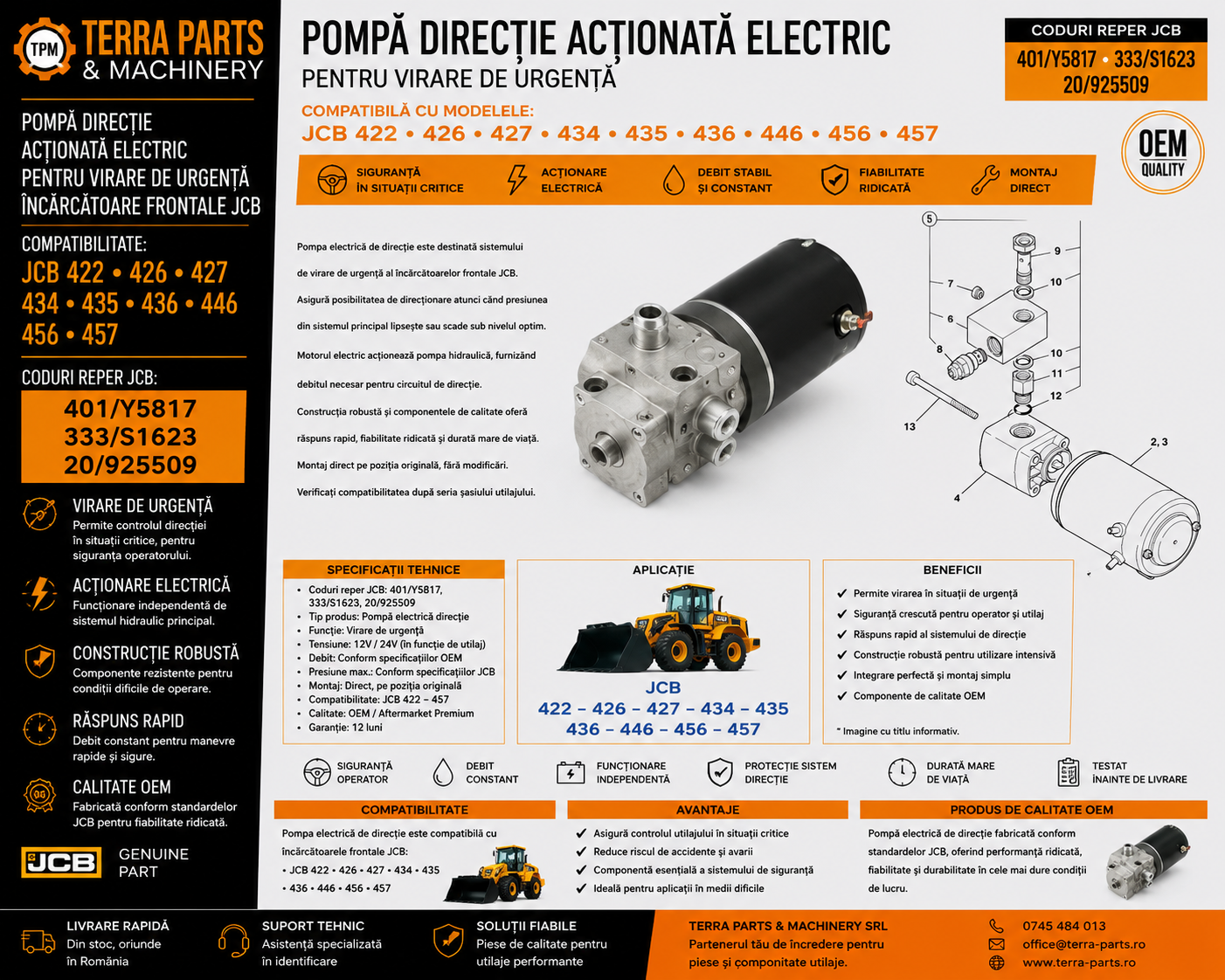 Pompă electrică direcție JCB pentru sistemul de virare de urgență