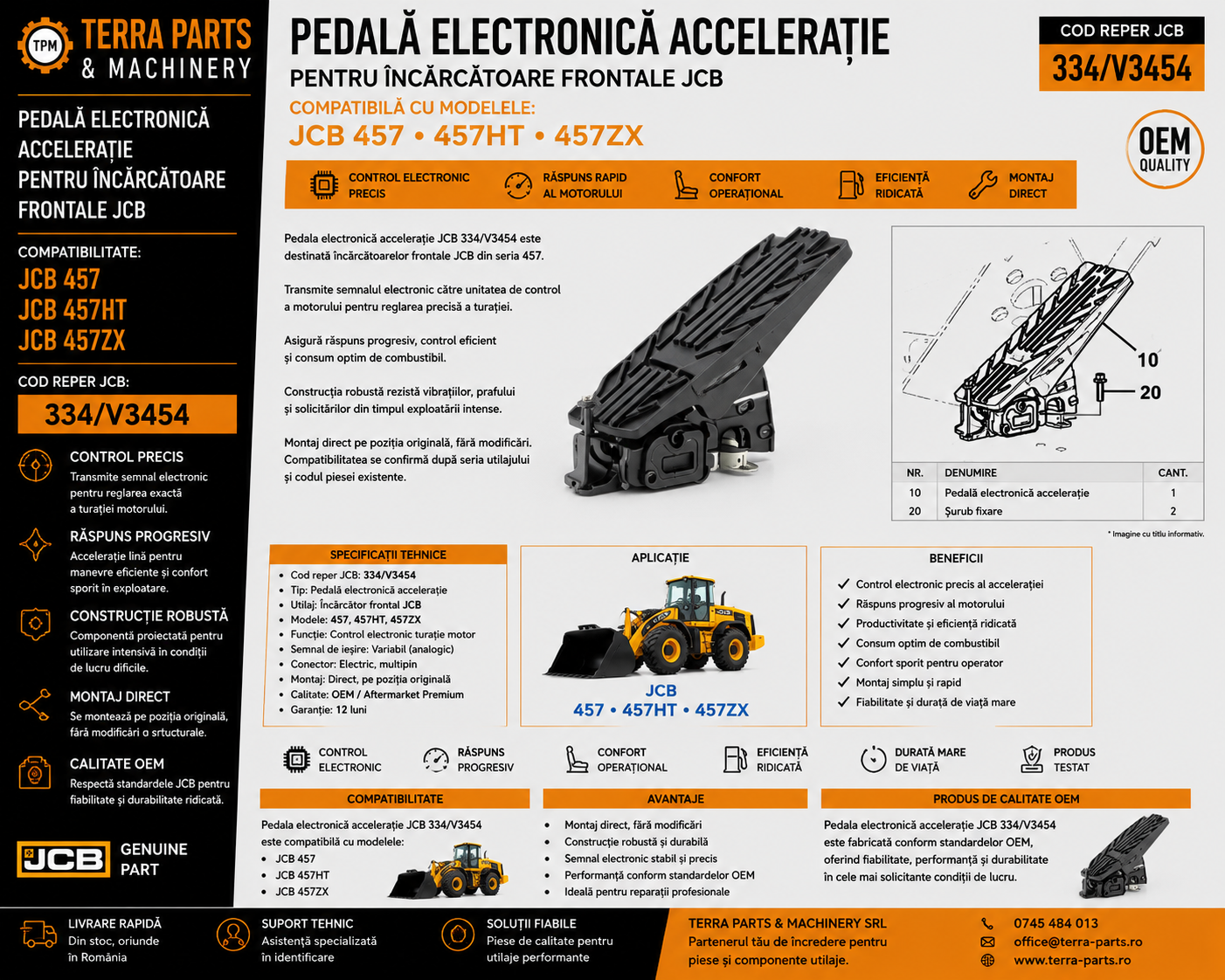 Pedală electronică accelerație JCB 334/V3454 pentru încărcător frontal JCB 457.
