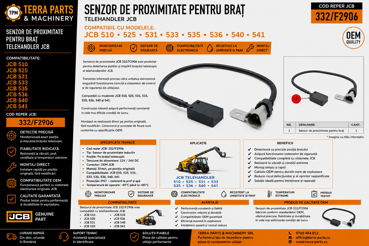 Senzor de proximitate braț JCB 332/F2906 pentru telehandler JCB.