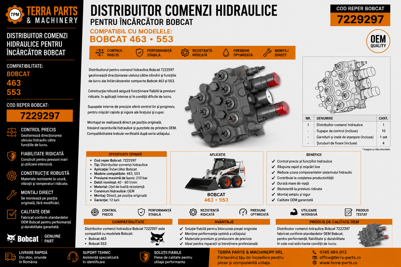 Distribuitor comenzi hidraulice Bobcat 7229297 pentru încărcător compact.