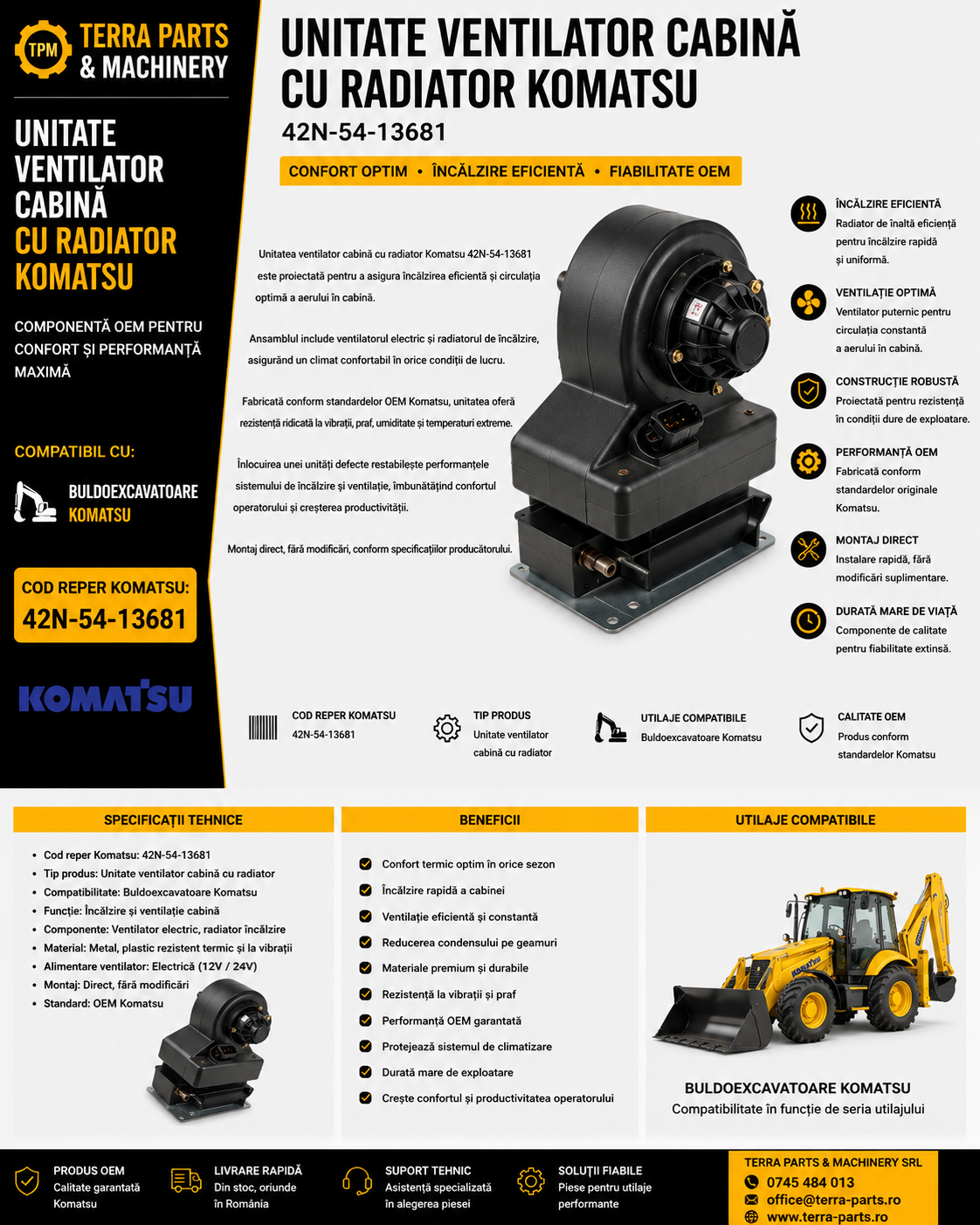 Unitate ventilator cabină cu radiator Komatsu 42N-54-13681 pentru buldoexcavatoare Komatsu