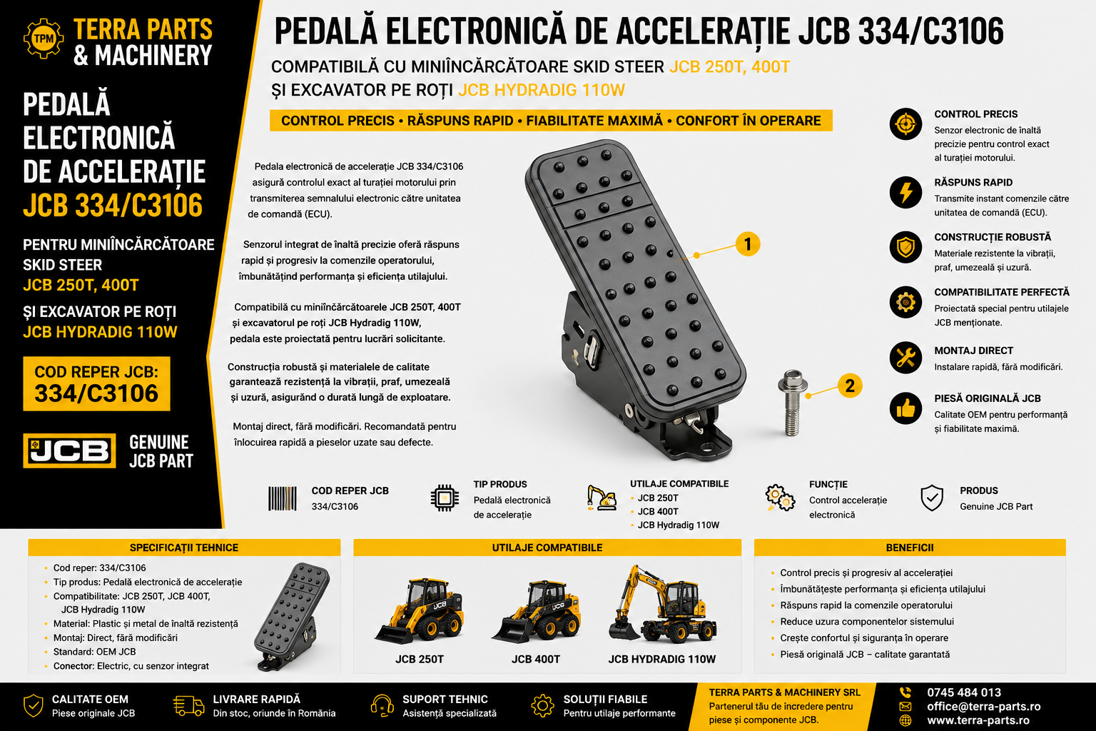 Pedală accelerator OEM JCB cu senzor electronic pentru controlul precis al turației motorului.