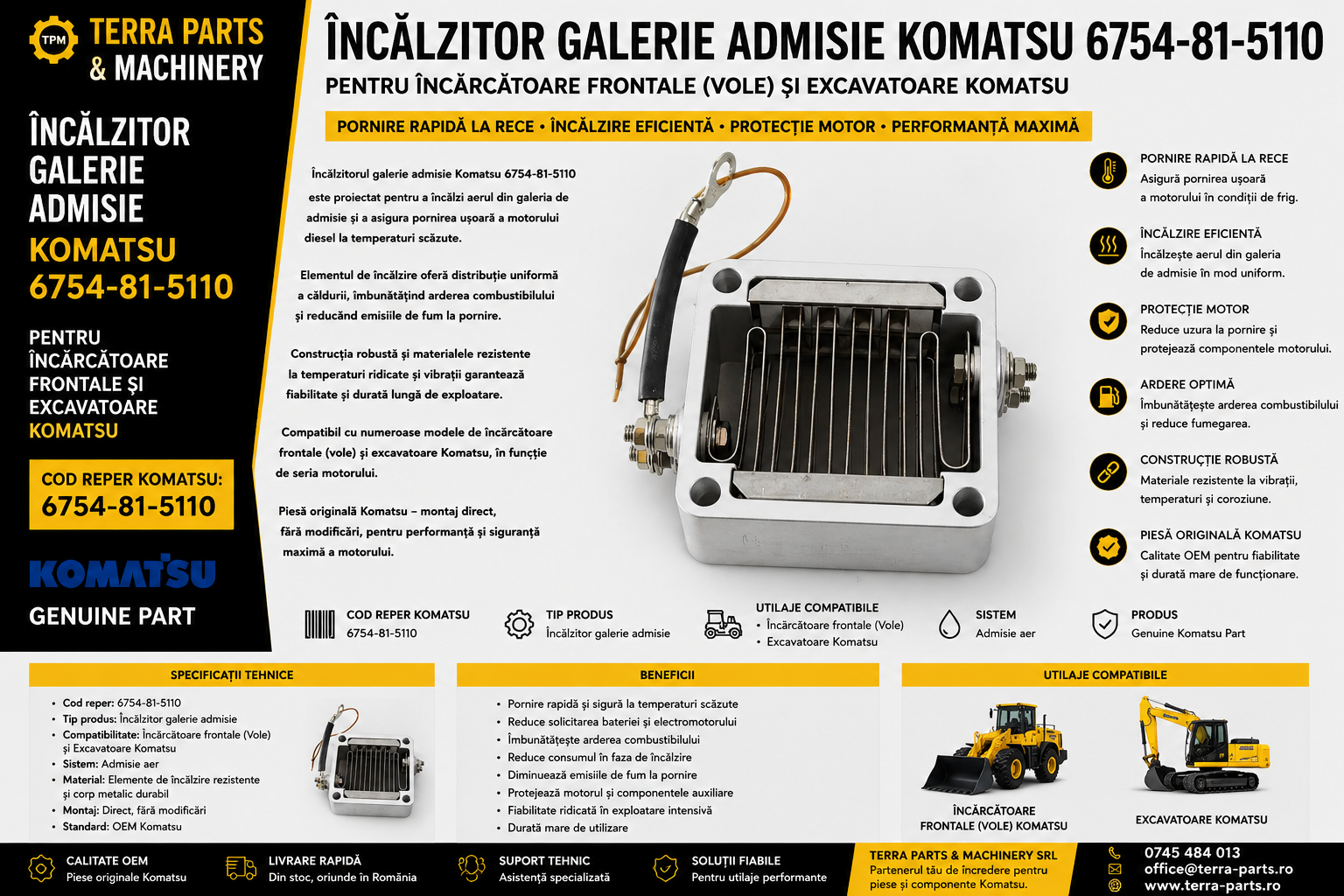 Încălzitor galerie admisie Komatsu 6754-81-5110 pentru încărcătoare frontale și excavatoare Komatsu.