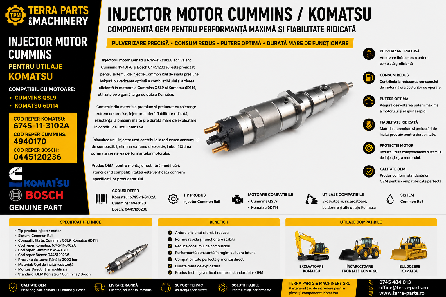 Injector motor Komatsu 6745-11-3102A compatibil cu motoarele Cummins QSL9 și Komatsu 6D114.