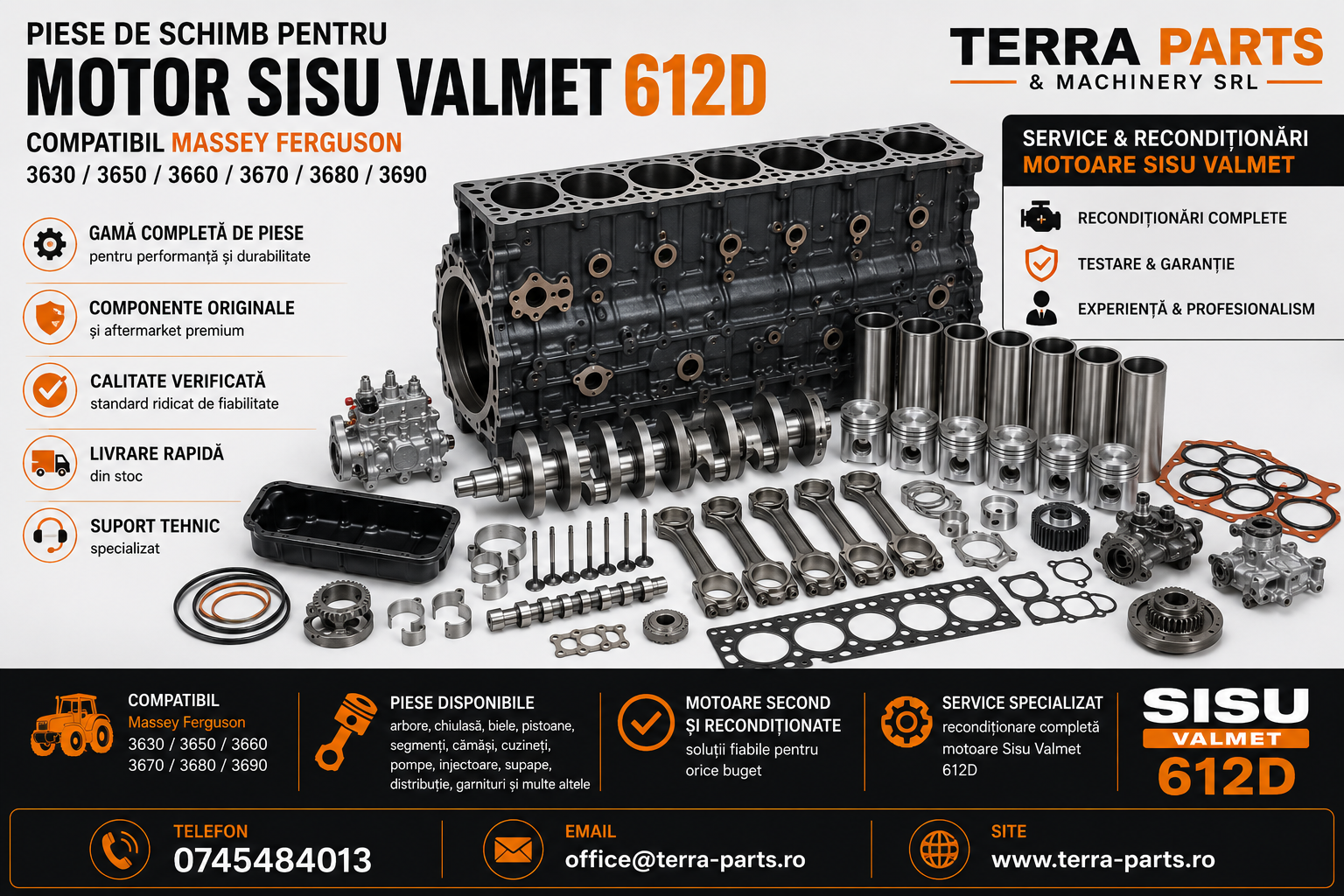 Piese de schimb complete pentru motor Sisu Valmet 612D compatibil Massey Ferguson 3630-3690.