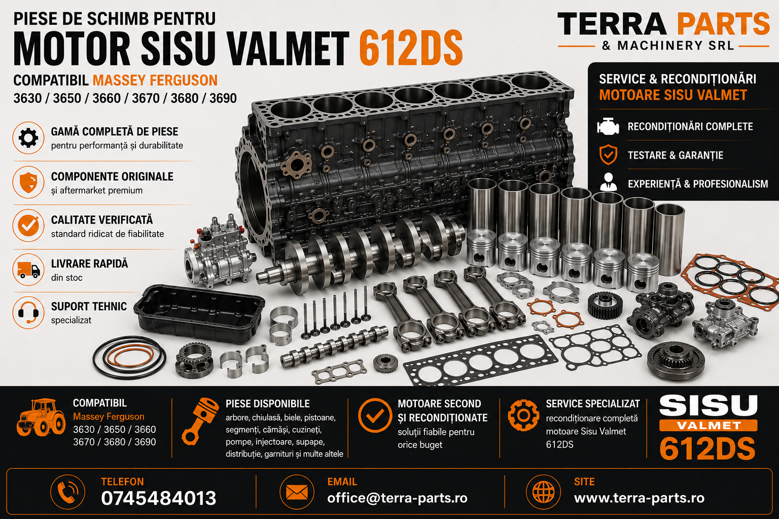 Piese de schimb pentru motor Sisu Valmet 612DS compatibil cu tractoarele Massey Ferguson 3630-3690.