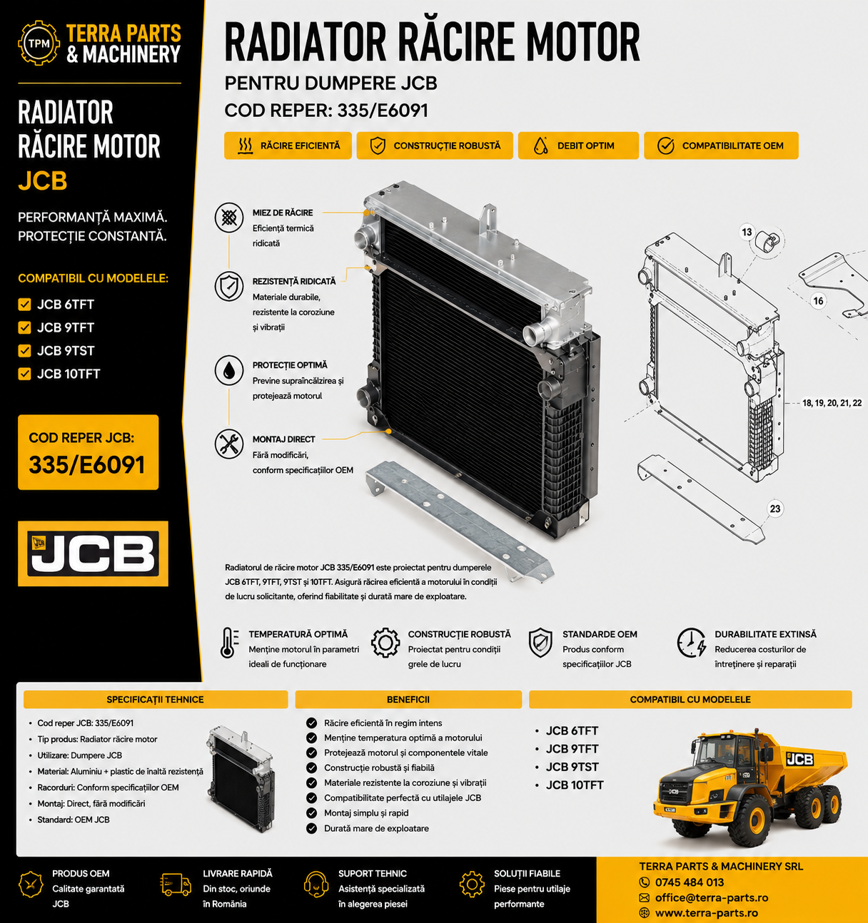 Radiator răcire motor JCB 335/E6091 compatibil cu dumperele JCB 6TFT, 9TFT, 9TST și 10TFT
