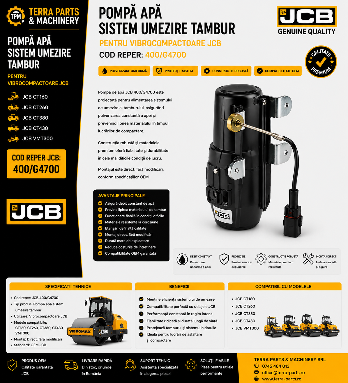 Pompa apă sistem umezire tambur JCB 400/G4700 pentru vibrocompactoarele JCB CT160, CT260, CT380, CT430 și VMT300.