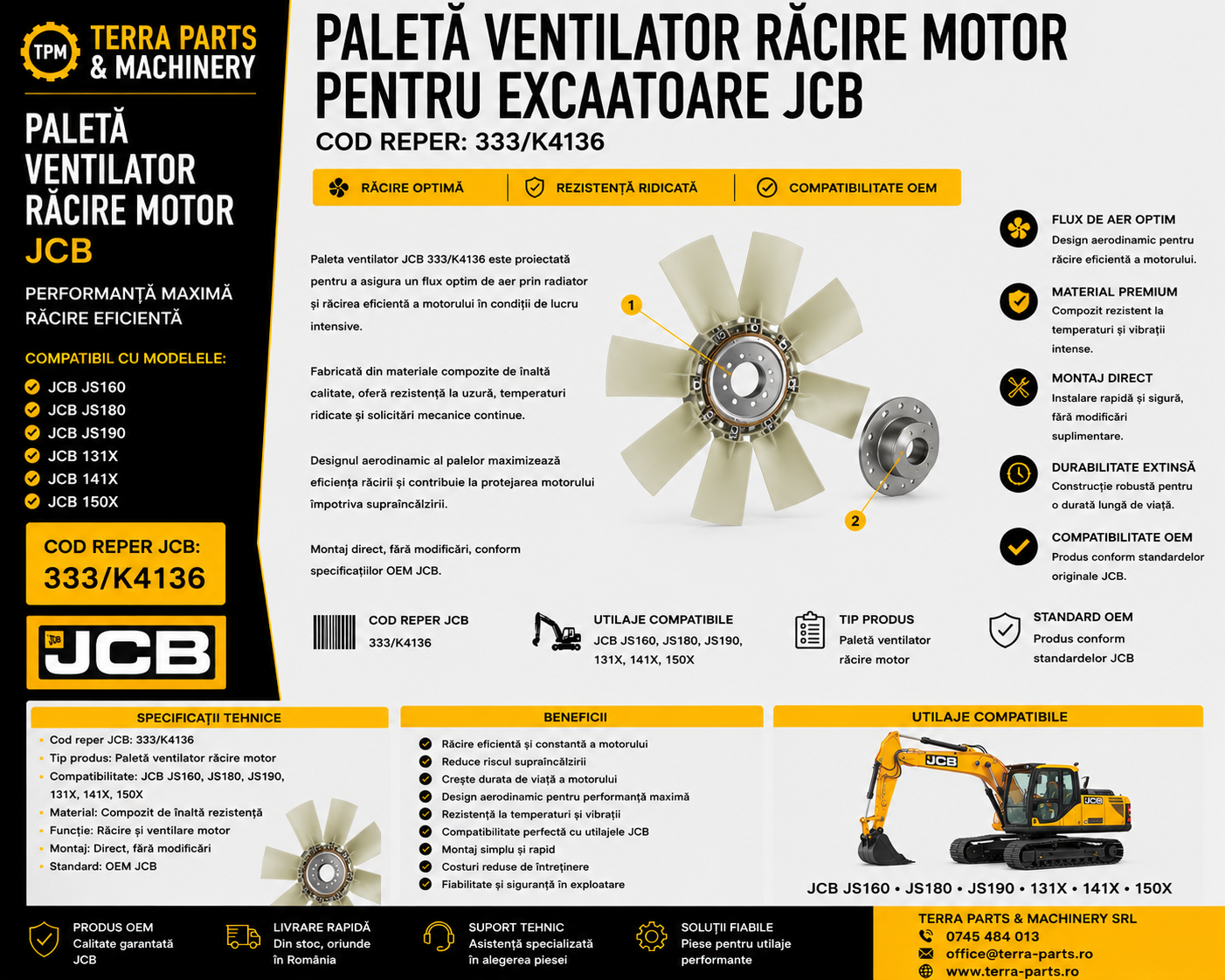 Paletă ventilator JCB 333/K4136 pentru excavatoarele JCB JS160, JS180, JS190, 131X, 141X și 150X.