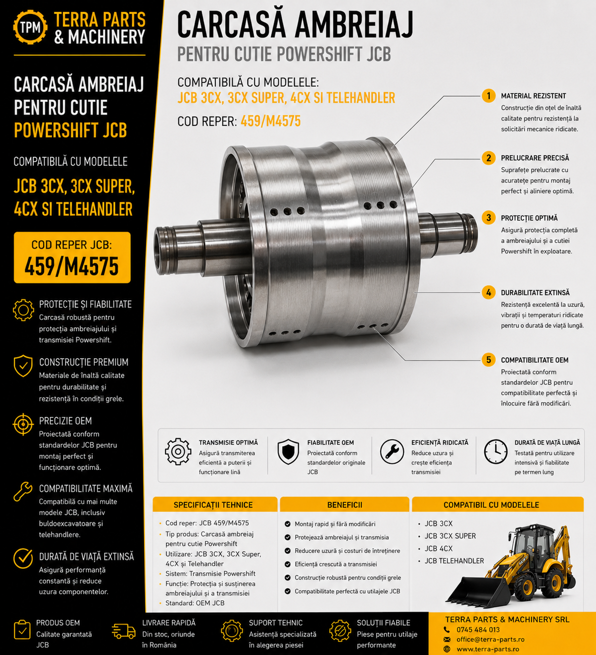 Carcasă ambreiaj cutie Powershift JCB cod 459/M4575 pentru JCB 3CX și 4CX