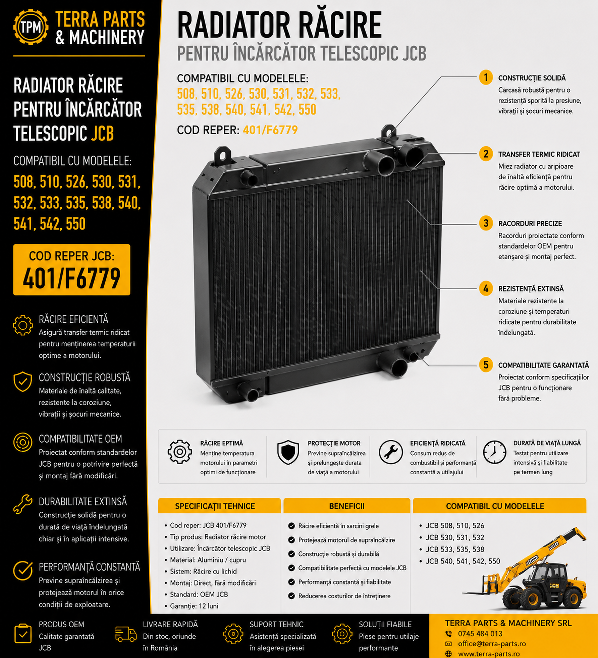 Radiator răcire motor JCB cod 401/F6779 pentru telehandlere JCB.