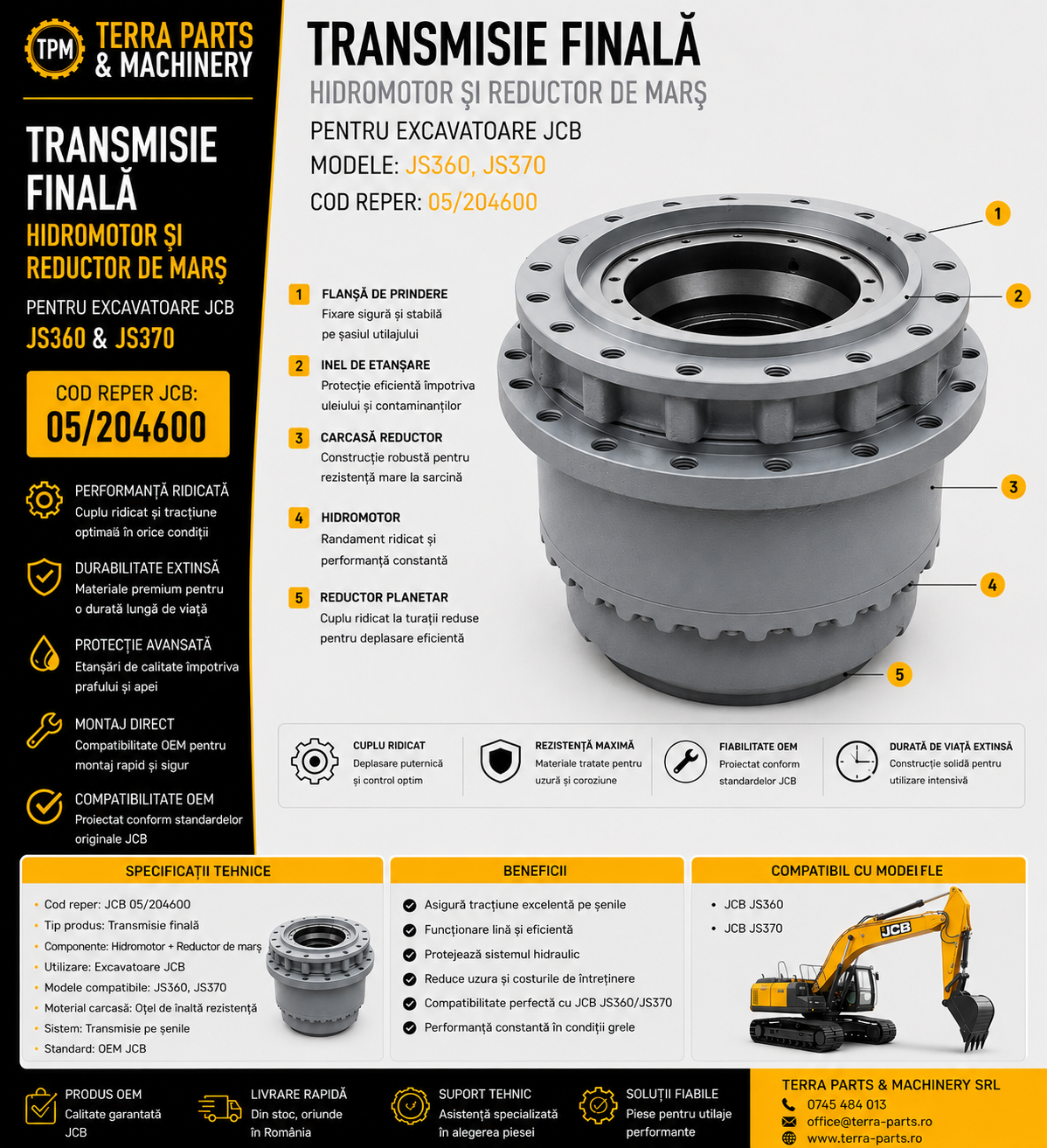Transmisie finală JCB 05/204600 cu hidromotor și reductor de marș pentru excavatoarele JCB JS360 și JS370.