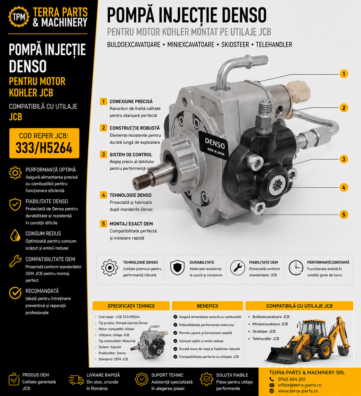 Pompă injecție Denso JCB 333/H5264 pentru motor Kohler