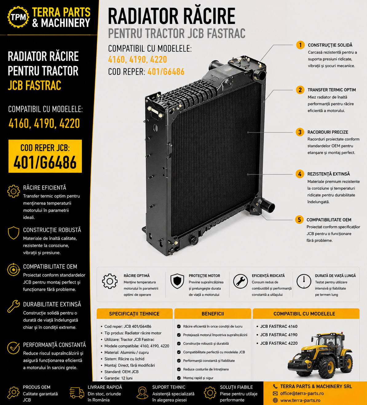 Radiator răcire motor JCB Fastrac cod 401/G6486 pentru tractoare agricole.