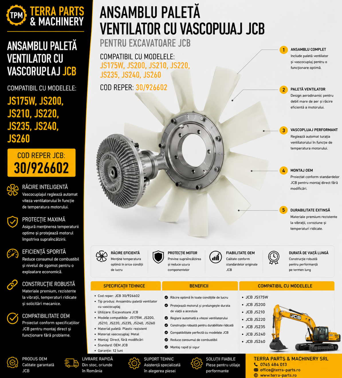 Ansamblu paletă ventilator cu vascocuplaj JCB cod 30/926602 pentru excavatoare JS.