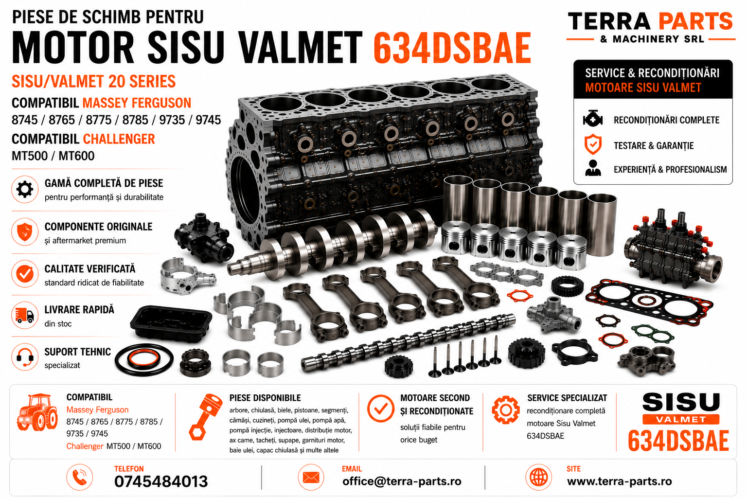 Piese motor Sisu Valmet 634DSBAE pentru Massey Ferguson 8745, 8765, 8775, 8785, 9735 și 9745.