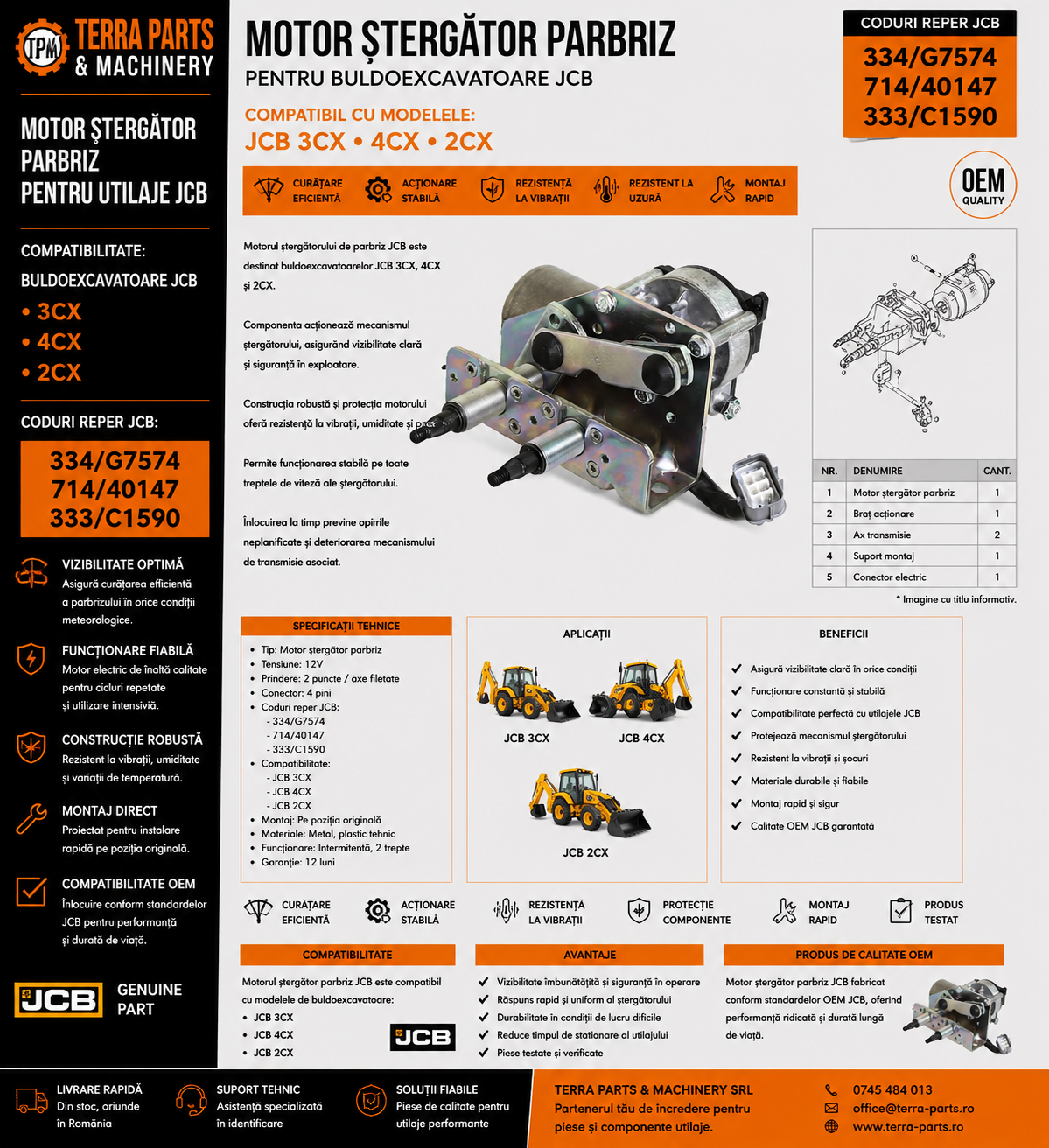 Motor ștergător parbriz JCB pentru buldoexcavatoare 3CX, 4CX și 2CX.