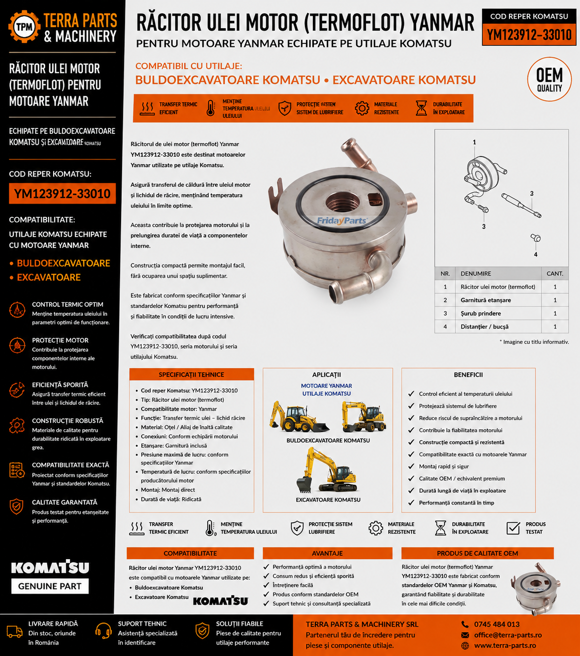 Răcitor ulei motor Yanmar YM123912-33010 pentru utilaje Komatsu.