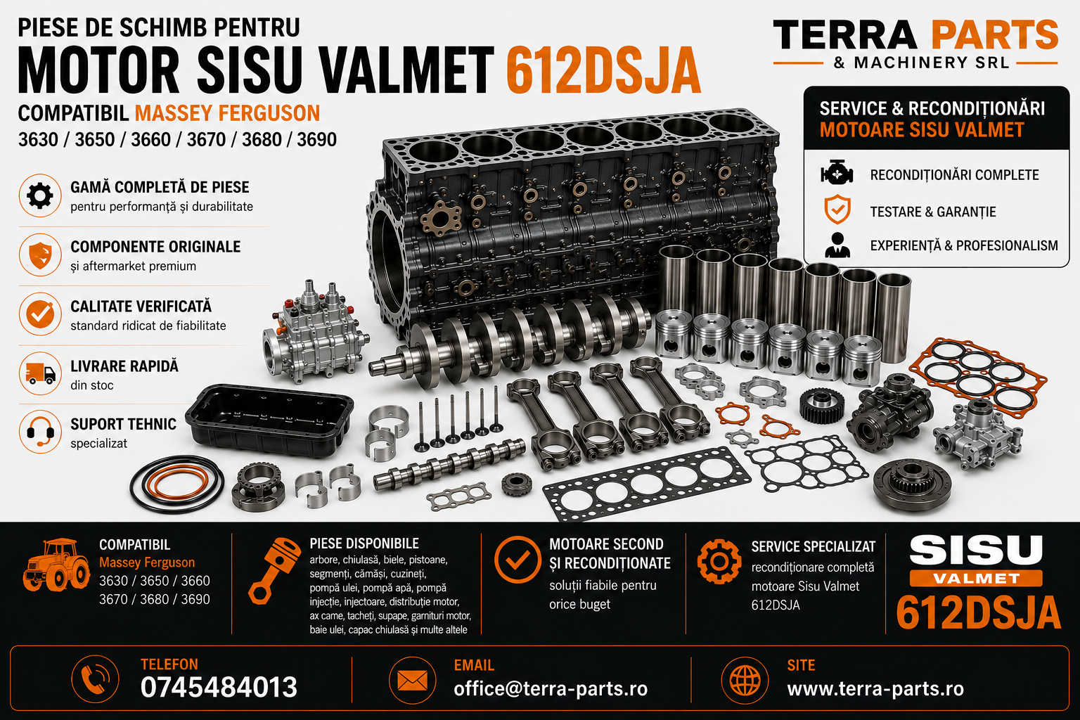 Piese de schimb motor Sisu Valmet 612DSJA pentru Massey Ferguson 3630-3690.