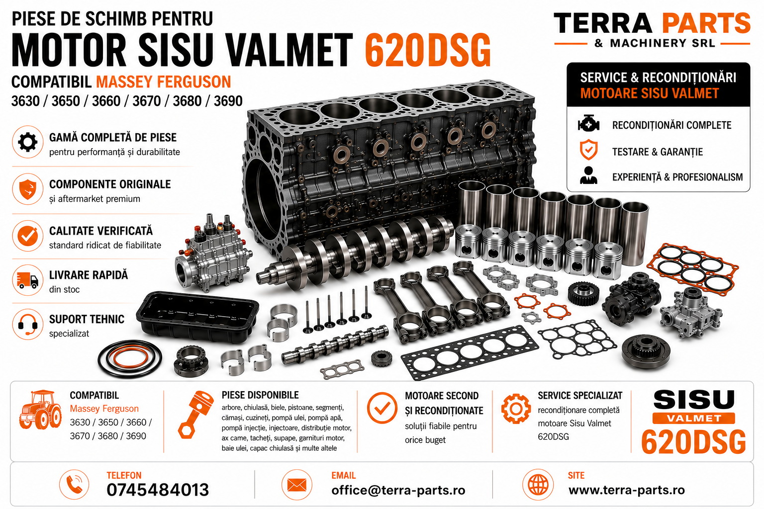 Piese de schimb motor Sisu Valmet 620DSG pentru tractoare Massey Ferguson 3630-3690.