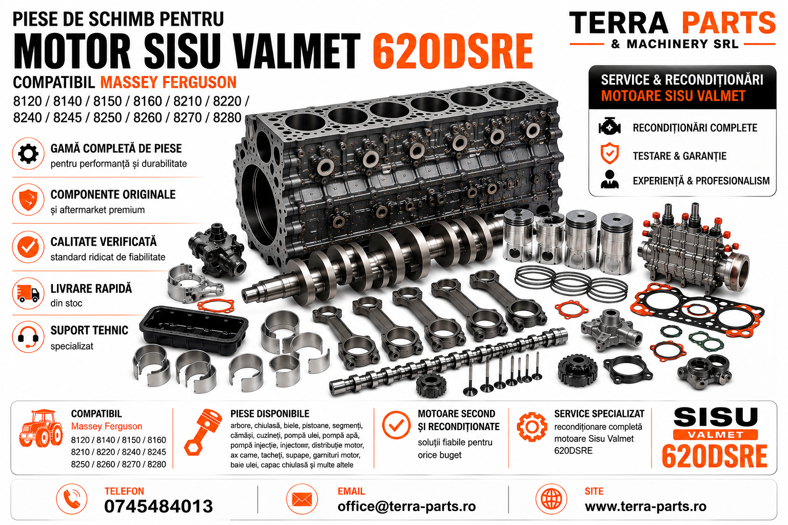 Piese motor Sisu Valmet 620DSRE pentru tractoare Massey Ferguson seria 8100 și 8200.