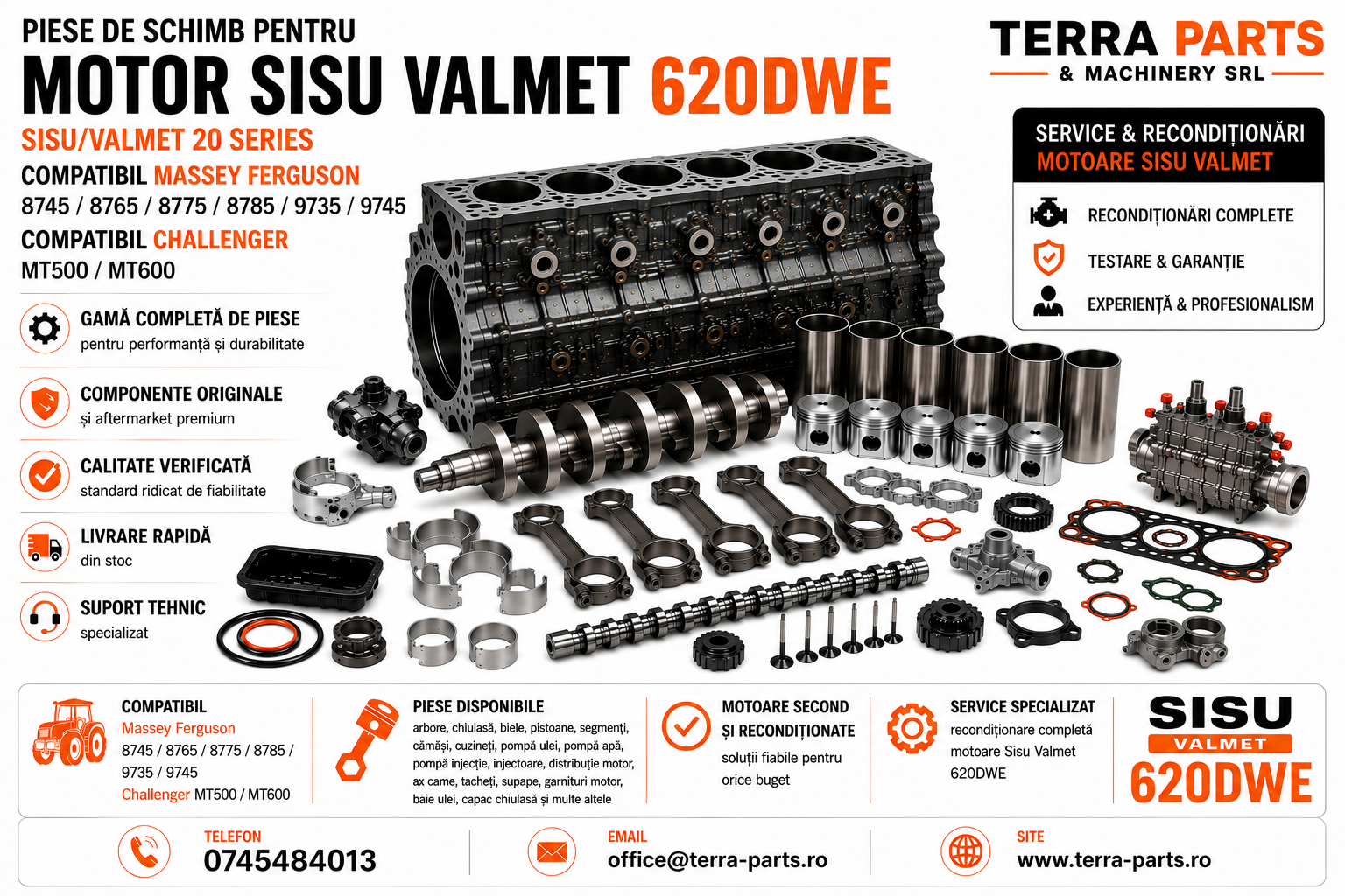 Piese motor Sisu Valmet 620DWE pentru Massey Ferguson 8745, 8765, 8775, 8785, 9735 și 9745.