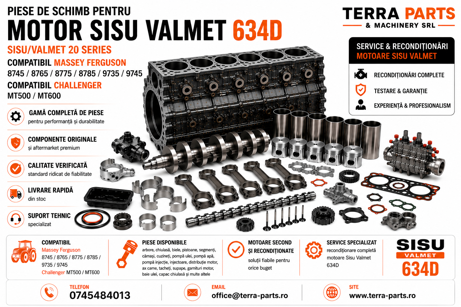 Piese motor Sisu Valmet 634D pentru Massey Ferguson 8745, 8765, 8775, 8785, 9735 și 9745.
