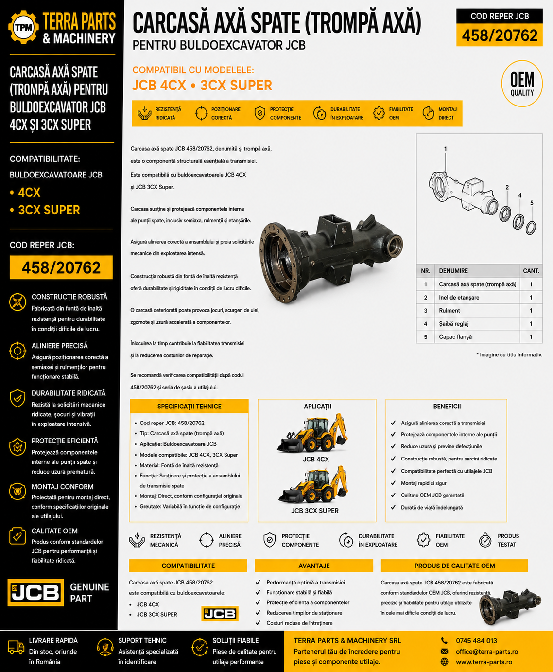Carcasă axă spate JCB 458/20762 pentru buldoexcavator JCB 4CX.