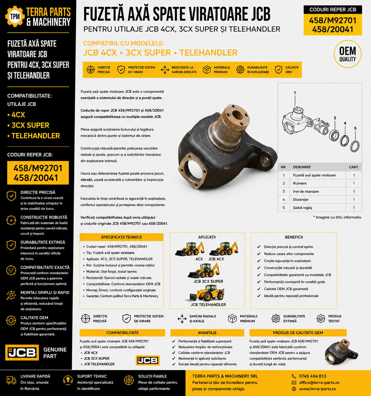Fuzetă axă spate JCB 458/M92701 pentru buldoexcavator JCB 4CX.
