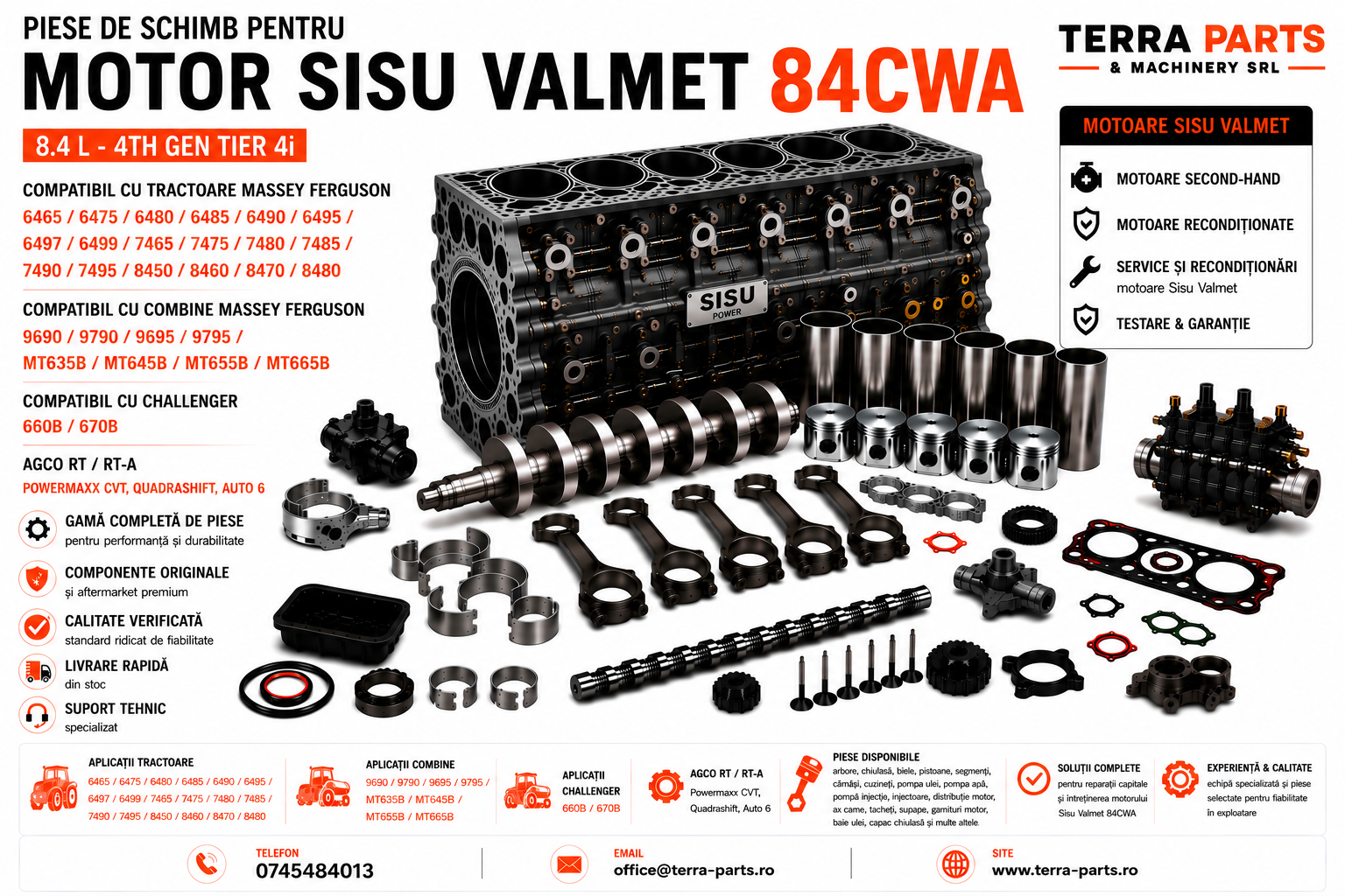 Piese motor Sisu Valmet 84CWA 8.4L Tier 4i pentru tractoare Massey Ferguson.
