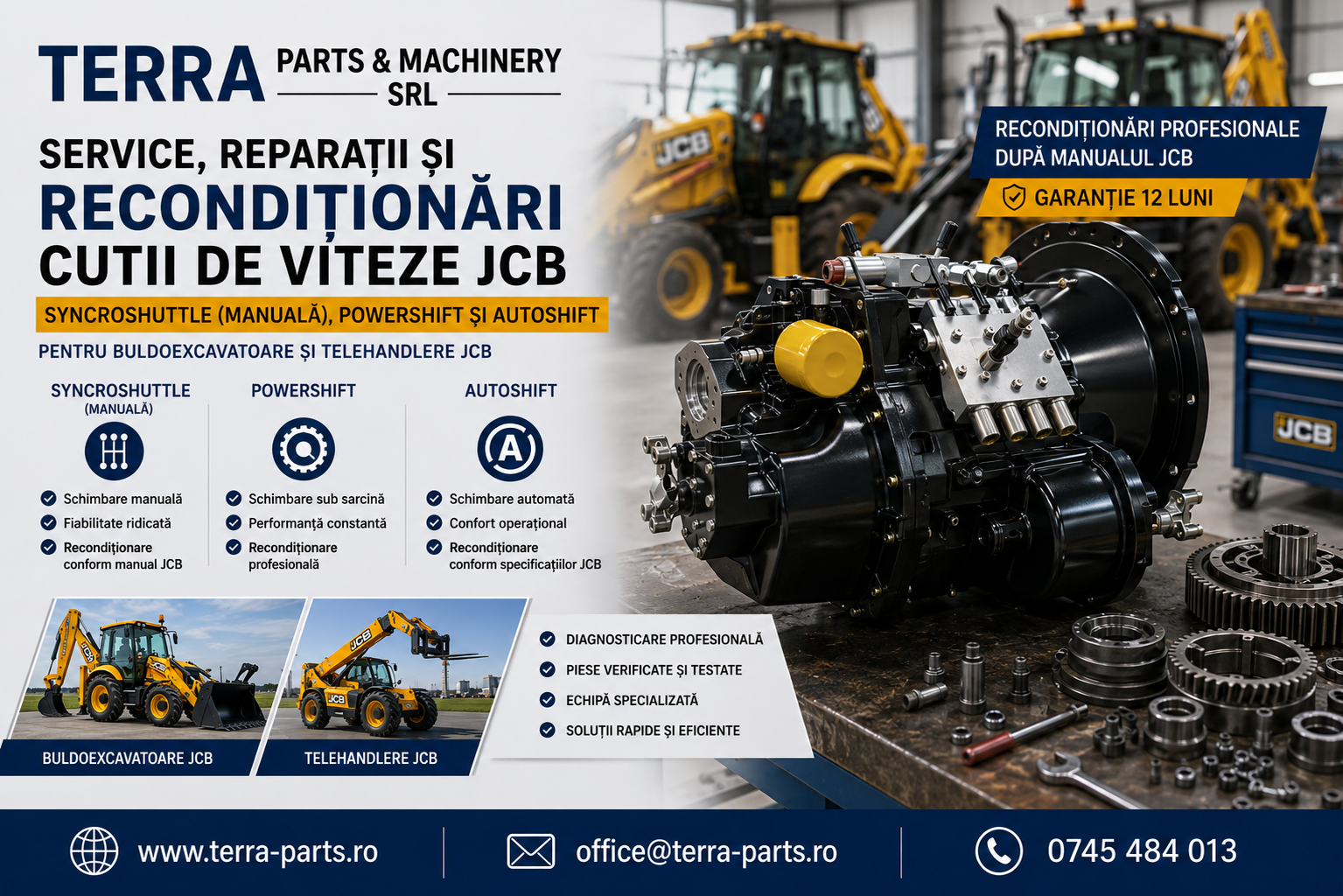Service transmisii JCB pentru buldoexcavatoare și telehandlere cu garanție 12 luni
