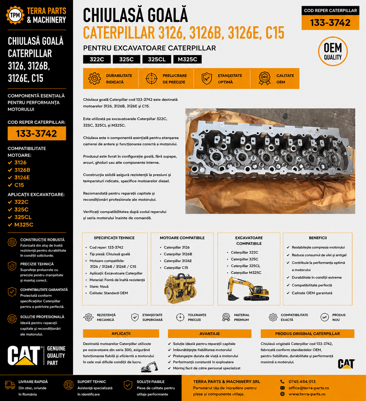 Chiulasă motor Caterpillar pentru excavatoare 322C 325C 325CL și M325C.