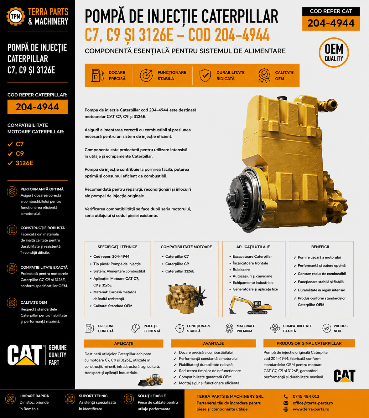 Pompă de injecție Caterpillar 204-4944 pentru motoare CAT C7 C9 și 3126E