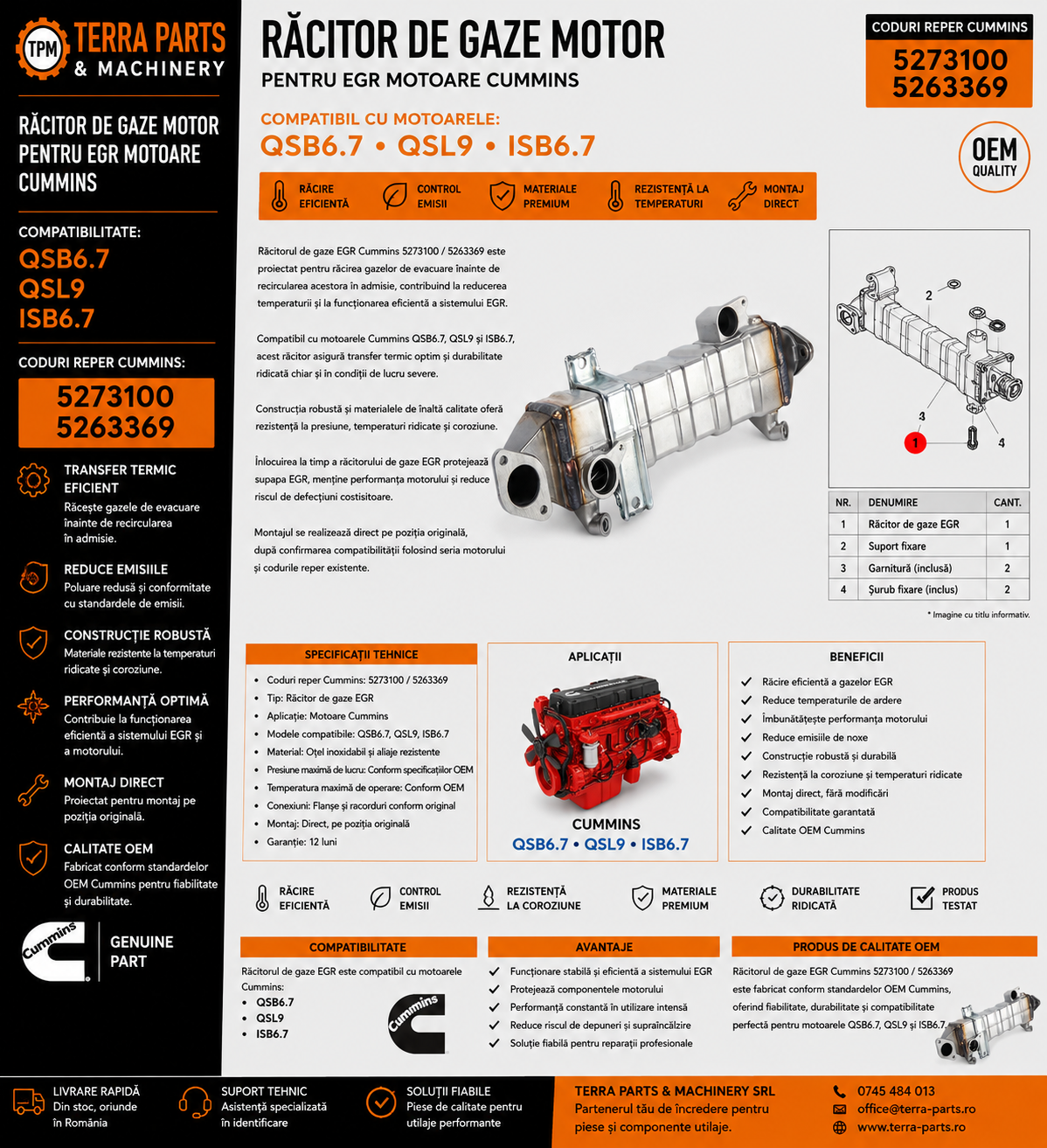 Răcitor EGR Cummins 5273100 pentru motoare diesel QSB6.7, QSL9 și ISB6.7