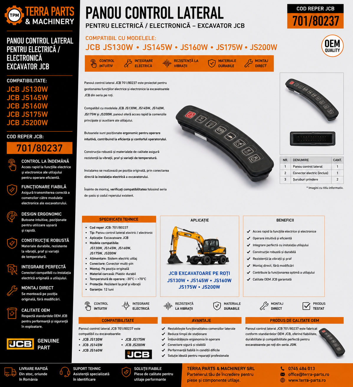 Panou control lateral JCB 701/80237 pentru excavatoare pe roți JCB.