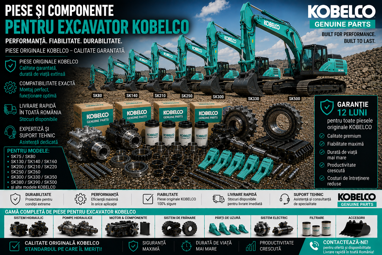 Piese excavator pe șenile Kobelco pentru motor și sistem hidraulic