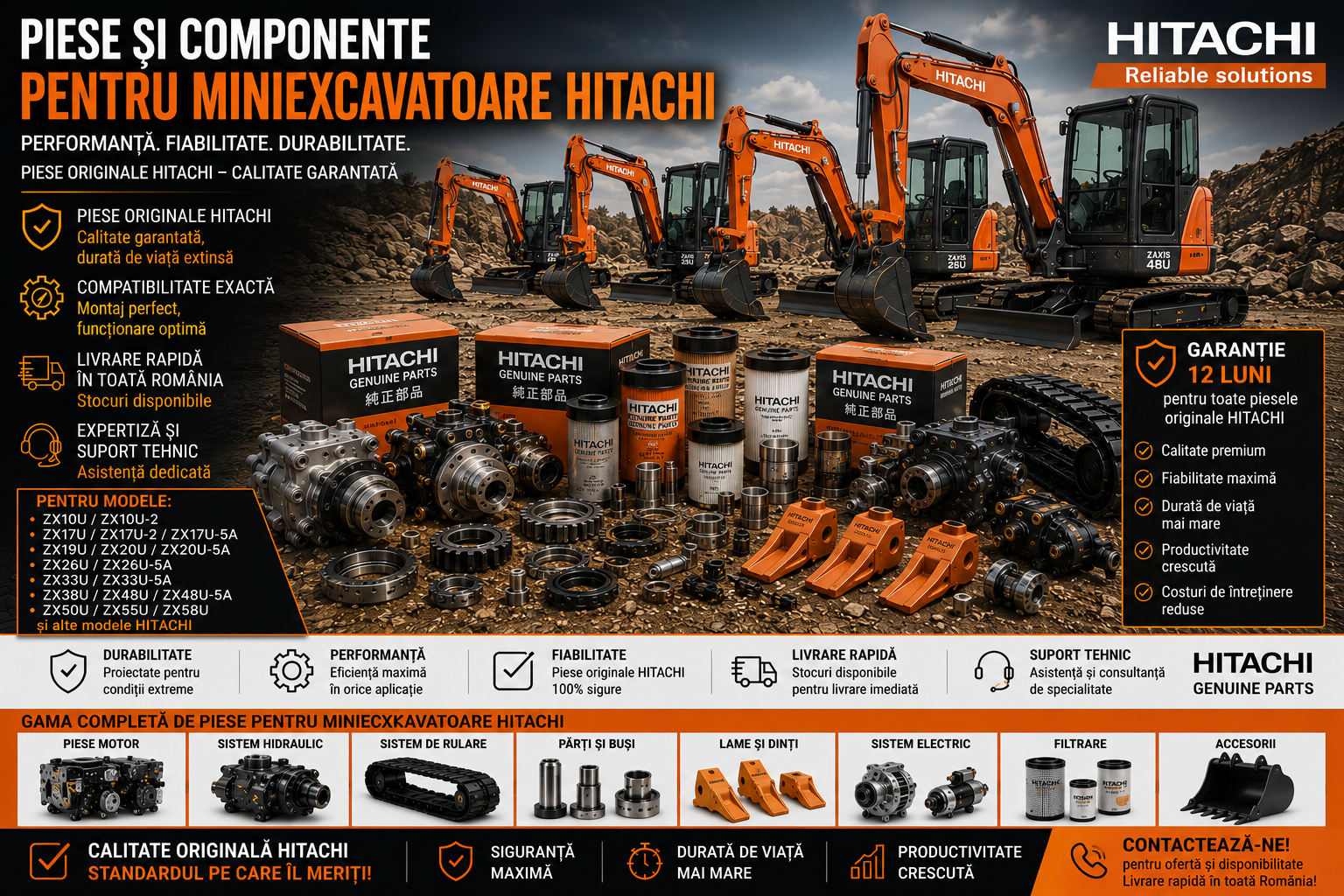 Piese miniexcavator Hitachi pentru motor, hidraulică și cale de rulare