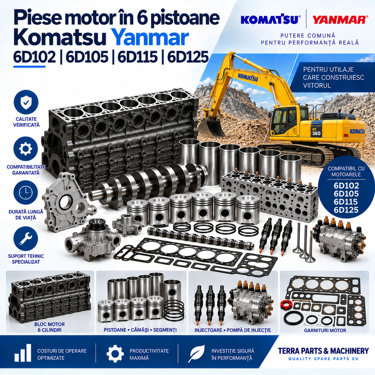 Piese motor Komatsu Yanmar 6D102 6D105 6D115 și 6D125 pentru utilaje