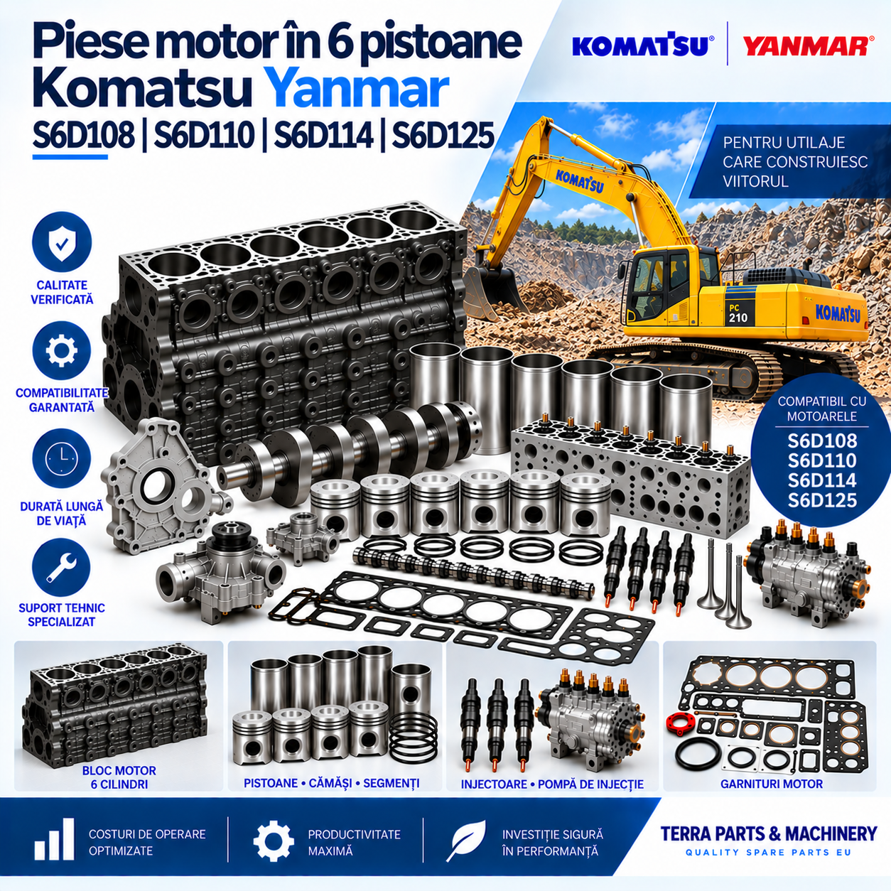 Piese motor Komatsu Yanmar S6D108 S6D110 S6D114 și S6D125 pentru utilaje