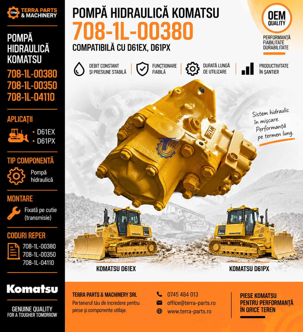 Pompă hidraulică Komatsu D61PX cod 708-1L-00380