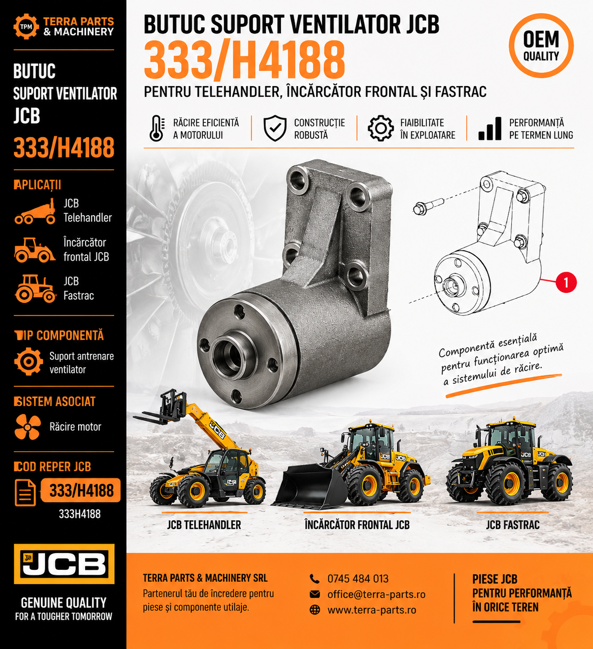 Butuc suport ventilator JCB 333/H4188 pentru motor utilaje JCB