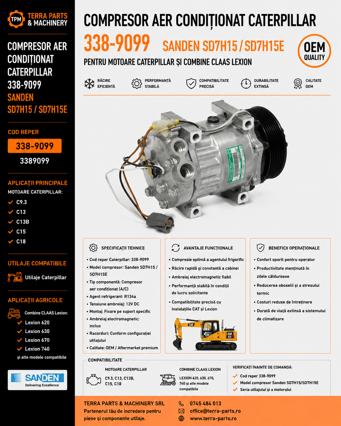 Compresor climatizare CAT Sanden SD7H15E pentru motoare C9.3 C13 C15 C18