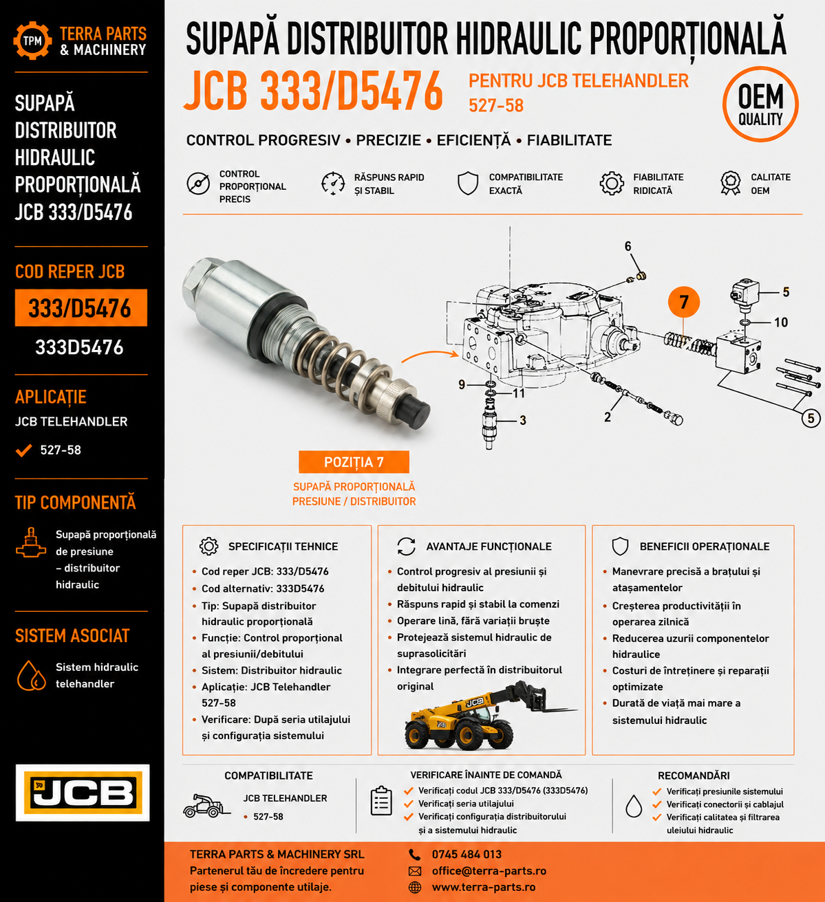 Supapă hidraulică proporțională JCB 333/D5476 pentru Telehandler 527-58