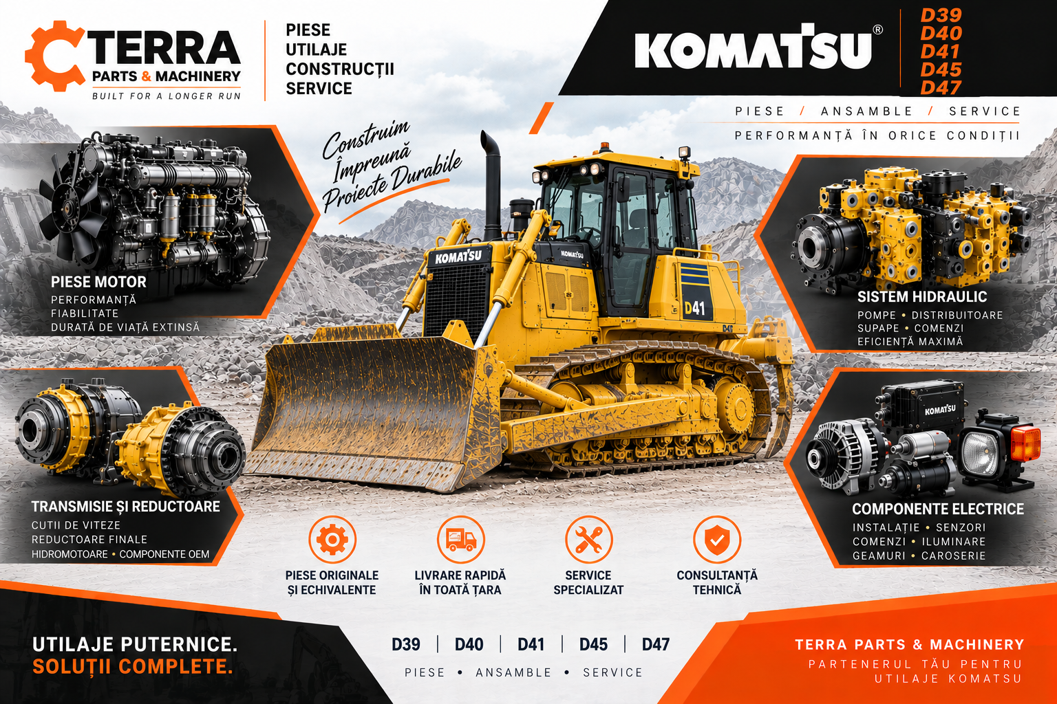 Piese Komatsu D41 pentru pompe hidraulice, distribuitoare, supape și componente transmisie